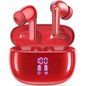 Wireless Earbuds Bluetooth Headphones Audio, 40H Playtime Stereo IPX5 Waterproof Ear Buds, LED Power Display Cordless in-Ear Earphones, Red Electronic Headset