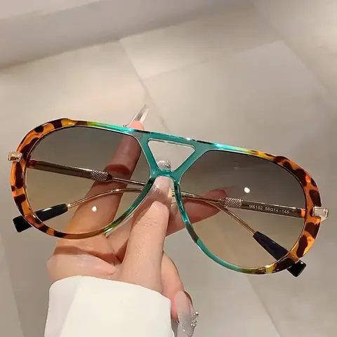 Vintage Large Frame Sunglasses for Women, Fashionable High-End Style, Stylish Sunglasses, Casual Style Eyewear, Outdoor Beach Travel Casual Dual Bridge Sunglasses, Summer Sunglasses