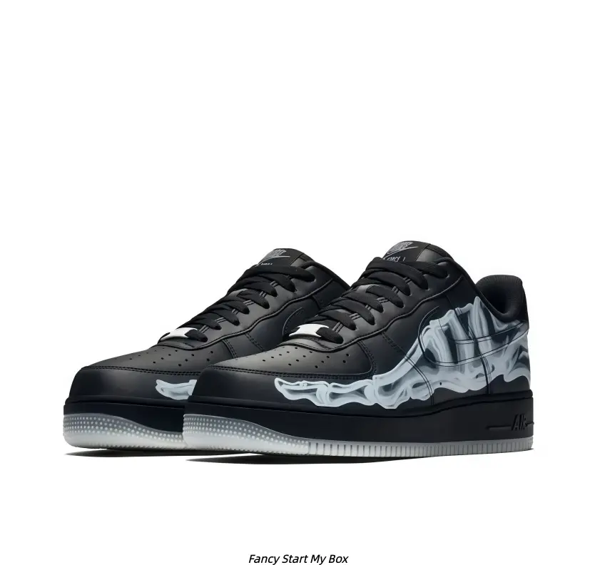 Black Platform Skate Sneakers Ghost Skeleton Flame Print Low Top Casual Street Shoes Unisex