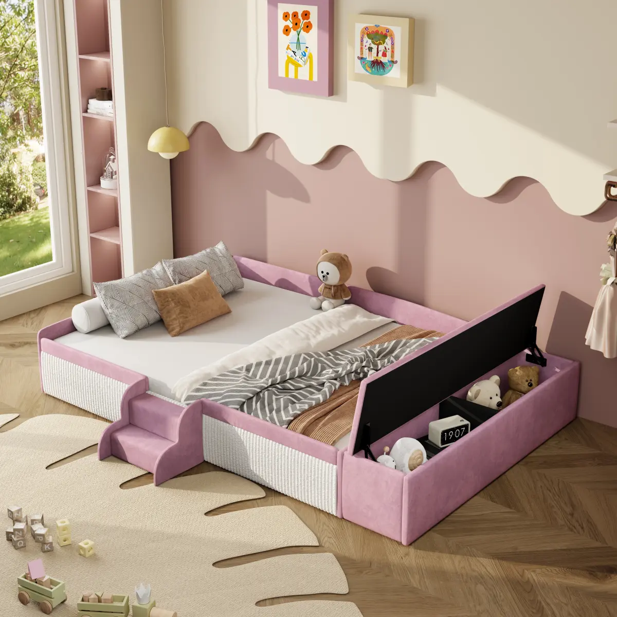 Pink+White Full Size Velvet Upholstered Kids' Daybed - Modern, Easy Setup, Stairs, Gas Lift Storage Ottoman, Padded Guardrails, Floor Bed
