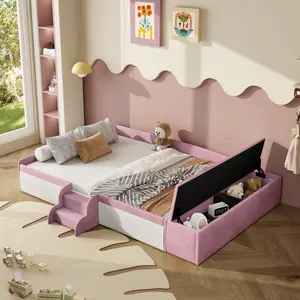 Full Size Velvet Upholstered Daybed - Modern, Easy Setup, with Stairs, Gas Lift Storage Ottoman, Padded Guardrails, Floor Bed for Kids (Pink+White)