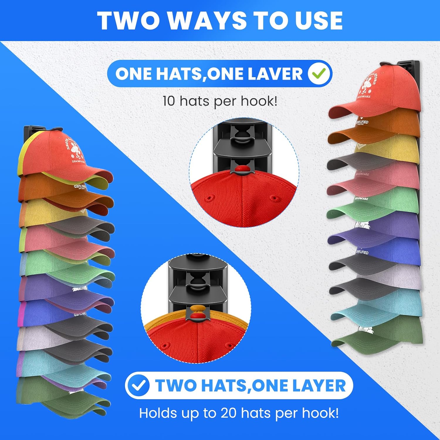 Baseball Cap Storage Rack Wall Mounted - 2-Pack - Holds 40 Caps, Space-Saving Storage and Display Rack - Strong Adhesive Wall Mount - No Drilling Required for Wall and Door Installation (Black)