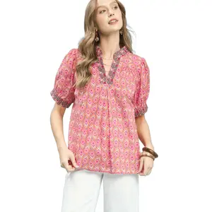 Mix Boho Puff Sleeve Split Neck Top