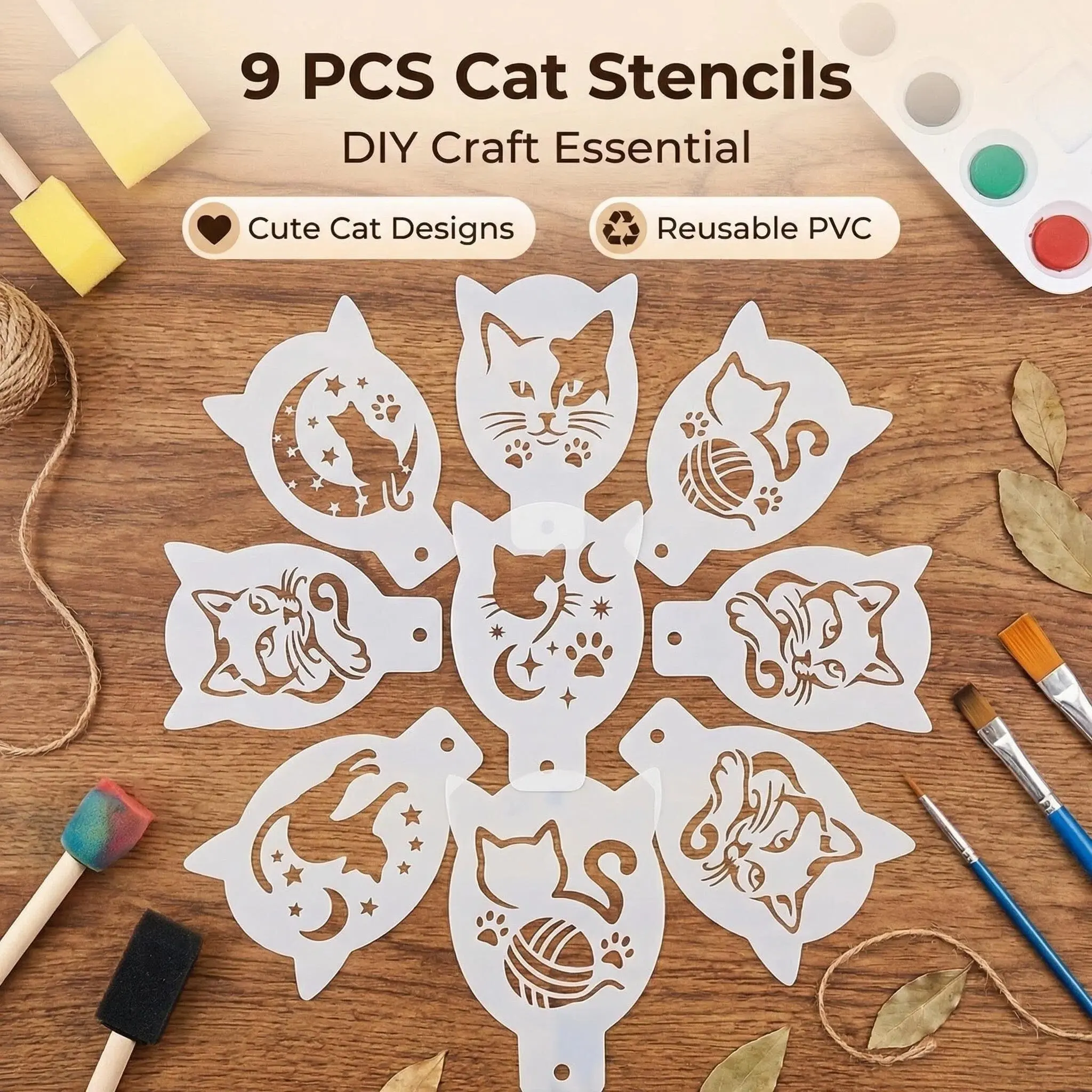 9-Piece Cat Face Painting Template Set, 3.54-Inch & 2.36-Inch, Cat Silhouette, Moon, Star, Fish Bone, Paw Print, Ball Patterns, Art Supplies, Crafts Art Supplies