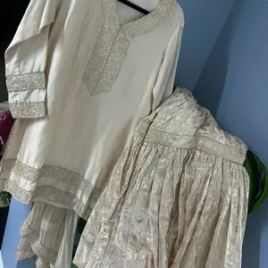 Elegant Gharara Set for Wedding Cream Color with Intricate Embroidery Design Pure Silk Top & Chiffon Gharara Ready to Ship Womenswear