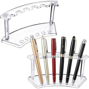 2 Pieces Plastic Pen Holder Stand, 6-Slot Pen Makeup Brush Rack, Clear Organizer Eyebrow Stand for School Office Home Store