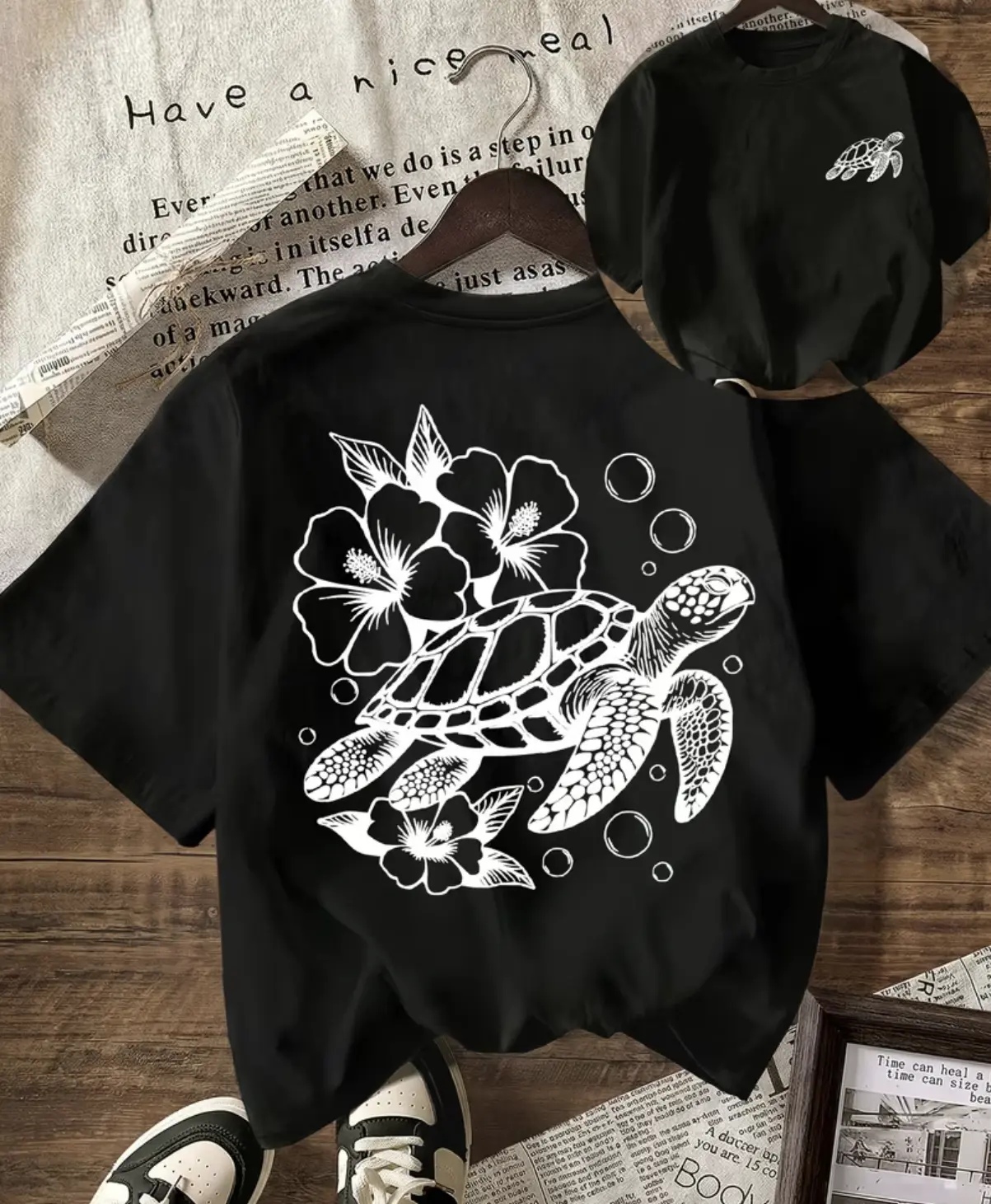 Vintage Graphic Tee Double Sided Sea Turtle Hibiscus Ocean Print 100% Cotton Short Sleeve T-Shirt, Women Casual Street Style Top, Oversized Tropical Beach Graphic Tshirt for Daily Wear