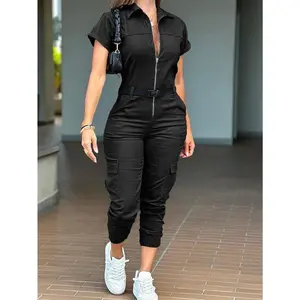 New Women's Fashion Zipper Jumpsuit Short Sleeve Lapel Multi-Pocket Belt Jumpsuit