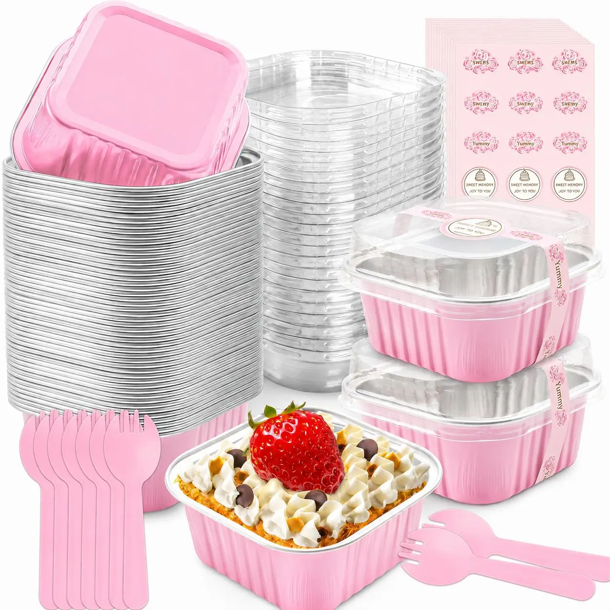 25 Pack 5oz Pink Disposable Square Aluminum Foil Mini Pastry Cups with Snap Lids,Mini Forks & Decorative Stickers,Single Serve Bakeware Containers for Custard,Pudding,Mousse,Jello,Stackable Portable Dessert Boxes for Wedding,Picnic,Birthday Party&Holiday