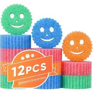 12 Colorful Smile Scrub Sponges, Temperature Controlled Dish Sponge, Bulk Kitchen Sponges for Cleaning, Multi Functional Cleaning Sponge for Kitchen, Bathroom, Floor