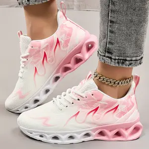 Men's and women's breathable mesh running shoes - lightweight and comfortable sneakers with soft EVA soles, white and pink flame design, perfect for gyms, yoga and casual wear