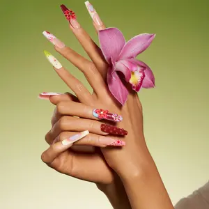 Trendy Coffin Press On Nails, 3D Flower Art, Airbrushed Ombré, Custom Painted Design, Colorful French Tip, Long Lasting, Salon Quality, Reusable