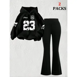 Women’s warm sportswear set + slim flared pants, casual style, loose fit, summer wear, comfortable fabric, for everyday use GARMENTARY