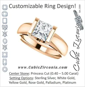 Cubic Zirconia Engagement Ring- The Tory (Customizable Cathedral-style Bar-set Princess Cut Ring with Prong Accents)