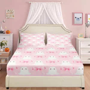 Pink Ghost Bowknot Fitted Sheet,Girls Bedroom Gift Cute Halloween Soft Microfiber Sheets Breathable Bedding,Halloween Kawaii Ghost Pink Bedsheet with Deep Pocket