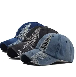 Distressed Denim Baseball Cap Ripped Hat For Women, Men Solid, Streetwear