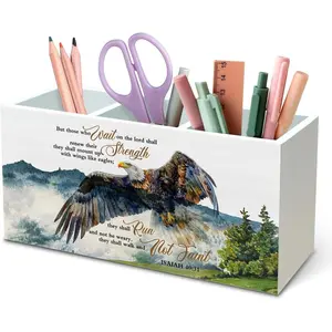 Christian Inspirational Pen Pencil Holder Organizer for Desk, Inspirational Gifts for Women,  Verse Scripture  Wooden Box Signs for Church Prayer Room Desk Tabletop Decoration Supplies