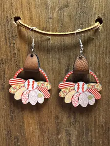 Take Me Out to the Ball Game Baseball Wood Earrings with Faux Leather Straps – Nickel Free Hooks