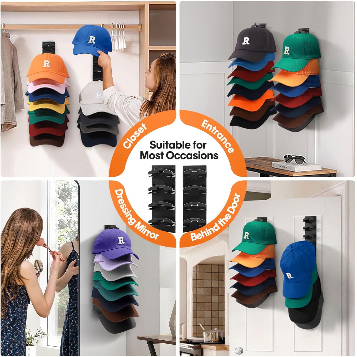 2 Pack Hat Organizer for Baseball Caps, Wall Mounted Hat Rack with Strong Adhesive, Holds Up to 16 Hats, 12.6x2.3 Inch Black Hat Hanger, Multilayer Cap Storage Organizer for Closet Door Bedroom Home Organization