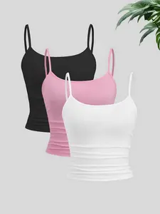 Women's Plain Casual Home Wear Strapless Three-Piece Set, Fitted Design, Perfect for Daily Use, Comfortable and Stylish