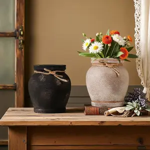 Vintage Creative Aged Ceramic Country Style Multi-Functional Flower Vase Storage Jar Decorative Pot, Rustic Home Decoration
