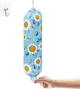 Plastic Bag Holder, Wall Mount Plastic Bag Organizer, Washable Large Grocery Bag Storage Dispenser, Shopping Bags Carrier ​for Home Kitchen Travelling, Free Adjustment with Drawstring, Sunflower,22x9"