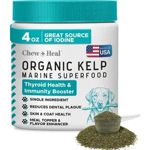 Kelp Supplement for Dogs \u2013 Natural Seaweed Powder for Thyroid Function, Dental Health, Immune Support, Skin & Coat \u2013 Iodine-Rich 4 oz Meal Topper with 5cc Spoon \u2013 Made in USA