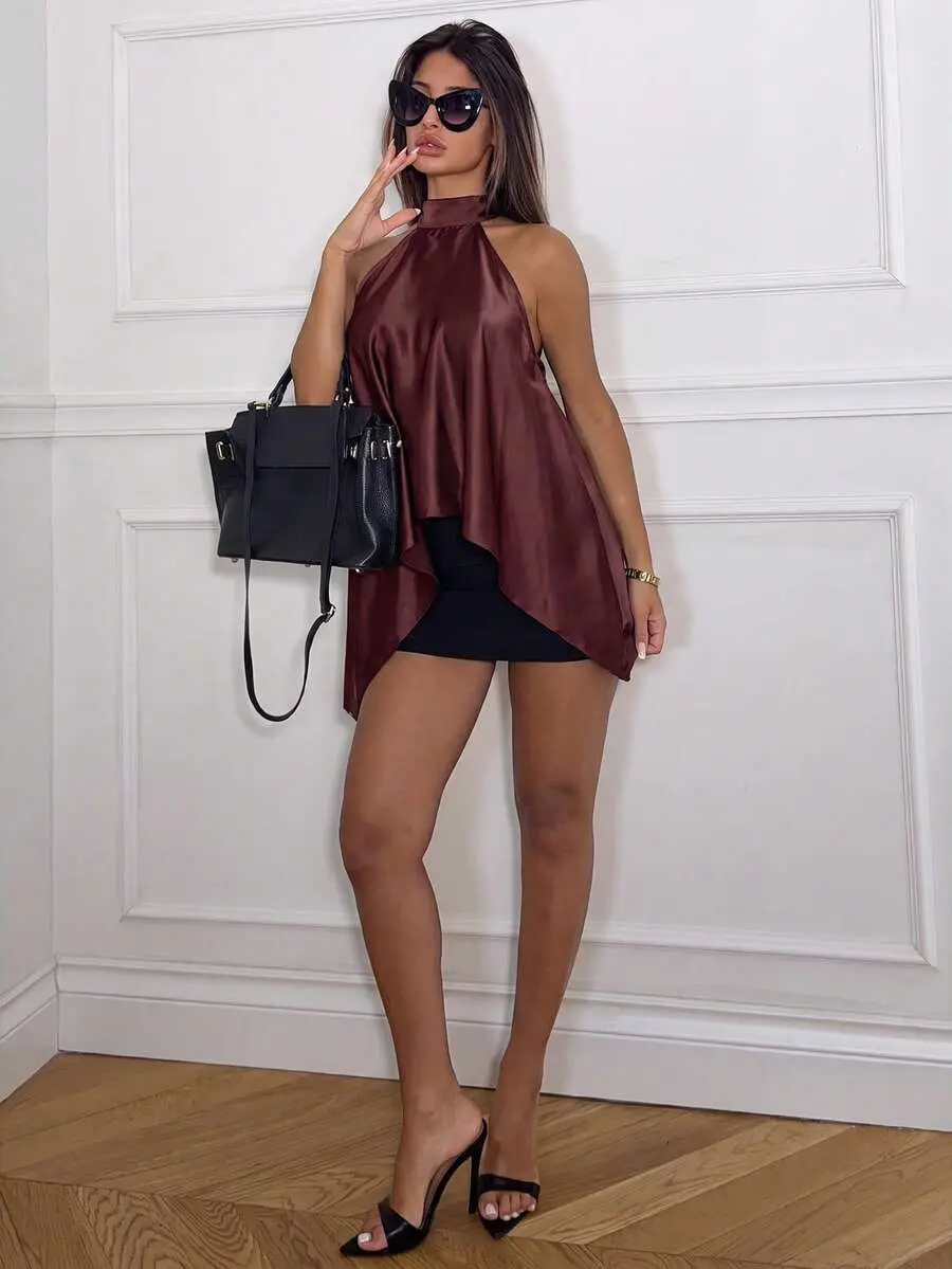 Dark Burgundy Satin Halter Neck Backless Loose Maxi Dress, A-Line Top For Summer Beach Holiday Party, Elegant Wedding Guest, And Evening Occasions