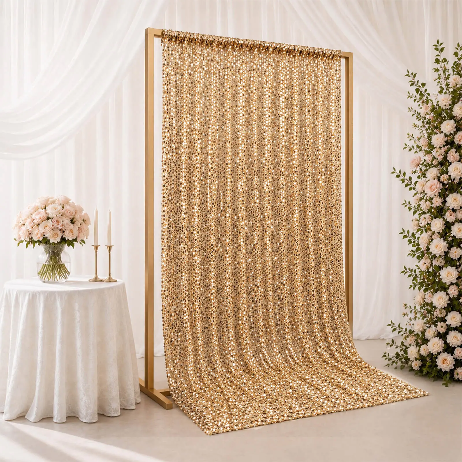 Gold Large Payette Sequin Backdrop Curtain 5ft x 12ft - Big Round Sequin Event Photography Panel with Rod Pocket