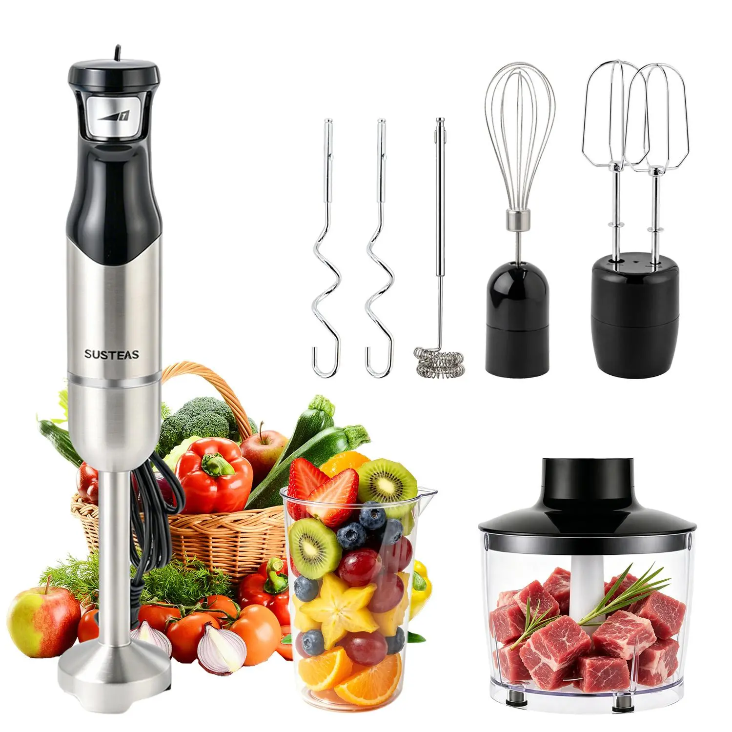 SUSTEAS Ultra-Fast 8-in-1 Hand Blender - 15000 RPM Variable Speed Immersion Blender with 304 Stainless Steel 4-Leaf Blades, Frother, Whisk, Beater and Chopper Attachments - Black