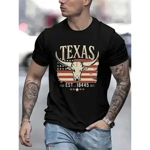 Texas Pride Bull Head TShirt Soft Comfortable Fabric Round Neck Short Sleeves Machine Washable Casual Summer Men Streetwear Crewneck Short Sleeve Biker Tropical Top