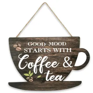 Wooden Coffee & Tea Pattern Hanging Sign, Letter & Coffee Cup Pattern Hanging Sign, Farmhouse Decorative Sign for Kitchen Decor, Coffee Lover Gift