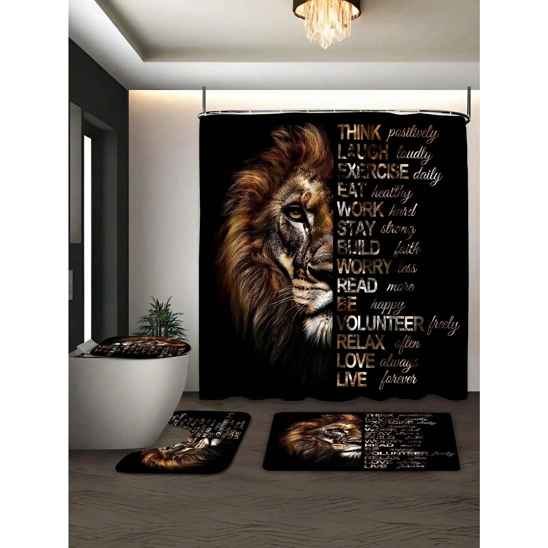 1/4 Pcs Powerful Lion Bathroom Curtain Set, Golden African Wildlife Masculine Stylish Bathroom Set With Shower Curtain And Rug, Motivational Quote Shower Curtain, With Bath Mat Set And 12 Hooks, Bathroom Home Decor Curtain, Bathroom Room Decoration