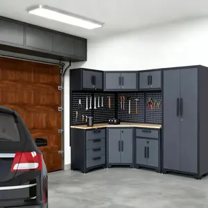 16PCS Heavy Duty Workshop Set w/Corner Cabinet Includes Workbench, Pegboard & Lockable Drawers