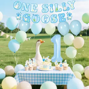LaVenty One Silly Goose Banner 1st Birthday Party Decorations Blue Silly Goose First Birthday Decor Boy Girl Goose Themed Cupcake Toppers Baby Shower Party Photo Prop