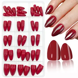 160Pcs Short Press on Nails Almond, Burgundy Fake Nails in 16 Sizes Glossy Wine Red False Nails Reusable Acrylic Stick on Nails, Thicker Fingertips Artificial Nails Short Press on Nail for Women Finger Decoration