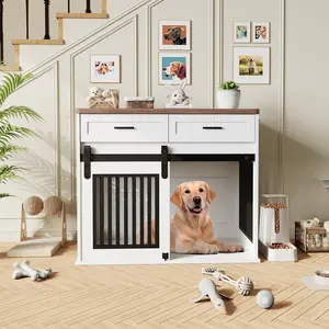 Garvee 44.5" XL Wooden Dog Crate Furniture w/ 2 Sliding Barn Doors 🏡 Heavy Duty Dog Kennel TV Stand with Storage Drawers & Metal Frame, Modern Decorative Indoor Pet House End Table for Medium Small Dogs, Stylish Puppy Cage with Hook