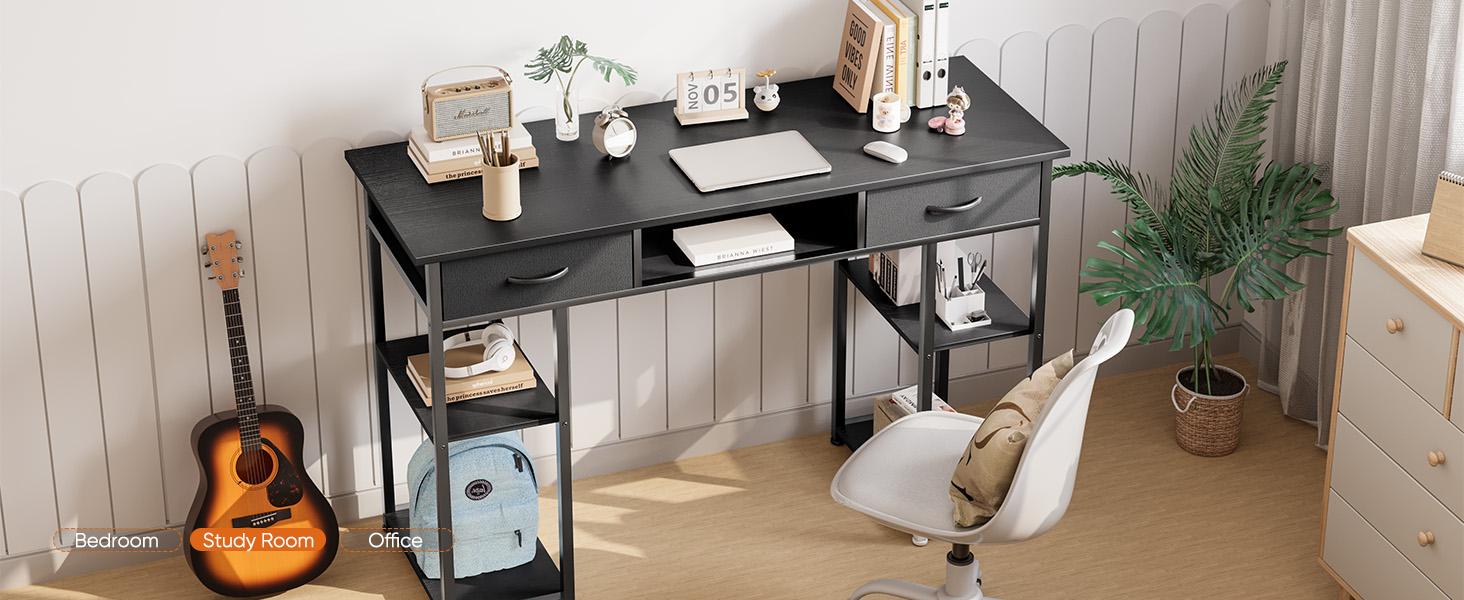 Sweet Furniture F Computer Desk with 2/3 Drawers 32/48 Inch with Storage Space Fabric Side Bag Headphone Hook Metal Frame Adjustable Feet