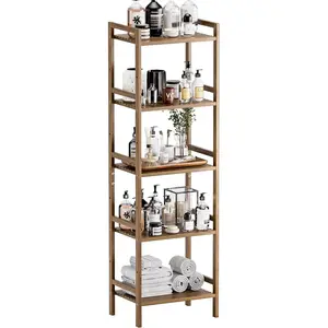Bamboo Book Shelf, Tall Narrow Bookcase, Bathroom Shelving Unit 5 Tier Floor Standing Adjustable Bookshelf for Small Spaces, Walnut