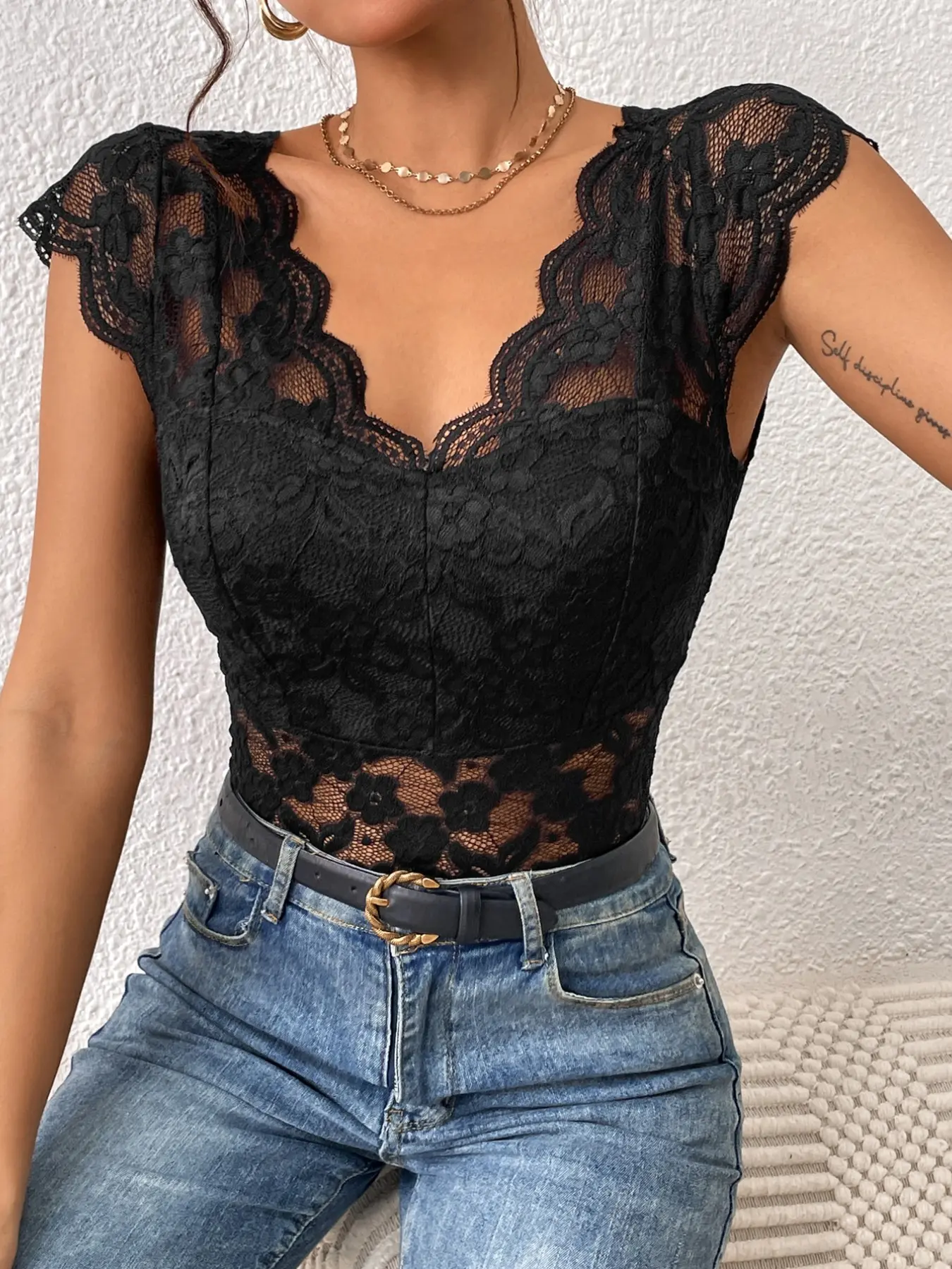 Viral Dark Coquette Black Floral Lace Bodysuit Women Sexy V Neck Cap Short Sleeve Sheer Scallop Trim Top Romantic Goth Aesthetic Curve Hugging True to Size Figure Flattering Casual Chic Going Out Date Night Outfit Spring TikTok Fashion Must Haves
