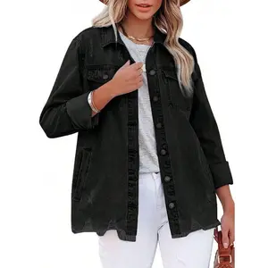 Women's Oversized Button Up Jean Jacket Frayed Hem Long Denim Shirt Distressed Pockets Denim Jackets