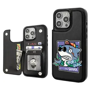 Shark Pattern Whale Spring Themed Fashion Luxury Creativity Trend Card Holder Wallet Aesthetic Black Casing For iphone 16 15 14 13 12 PRO PLUS MAX PU Leather Stylish Gift Shockproof Protection Anti-Drop Protective Protector Phone Cases Shell Cover