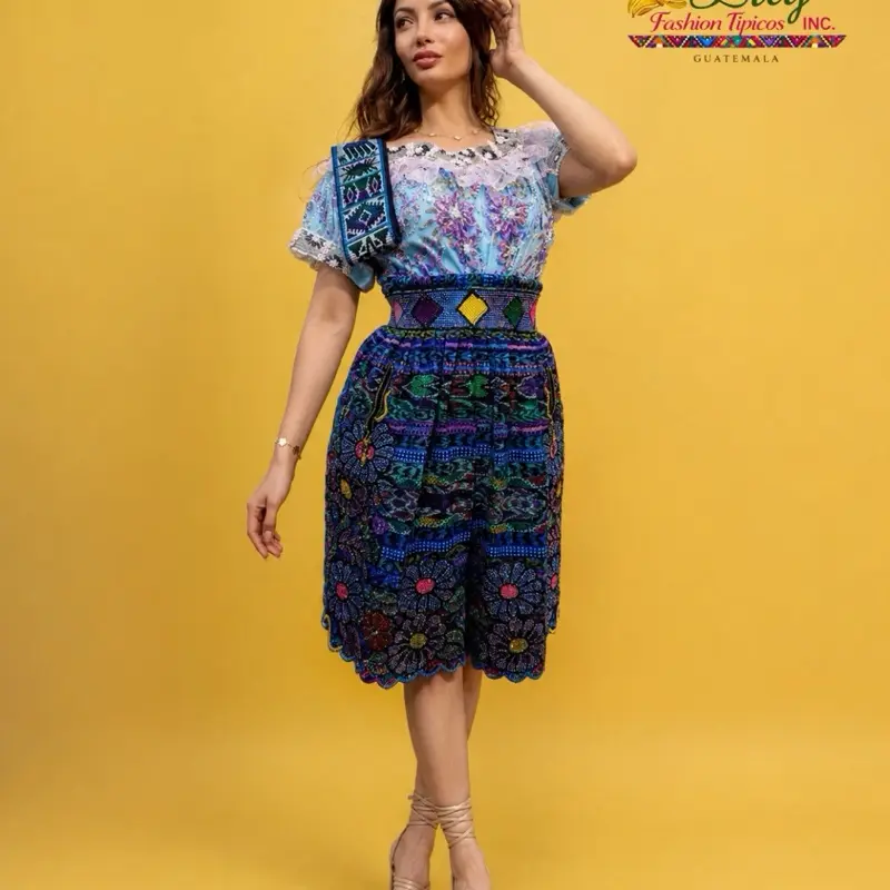 Guatemalan Outfit for Women, Traditional 2-Piece Set with Embroidered Blouse and Striped Skirt for Festivals, Dress, Embroidery