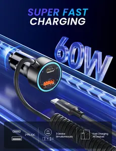 Toocki 60W USB C Car Charger Fast Charge PD& QC3.0 with 3.5ft 30W Type C Coiled Cable, Car Phone Charger Adapter for 15/Pro/Plus/Max/Samsung S23/Google Pixel,iPad Pro phonecord fast charger fast charger