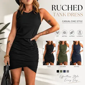 Women's Casual Solid Color Crew Neck Sleeveless Waist-Cinching Bodycon Dress