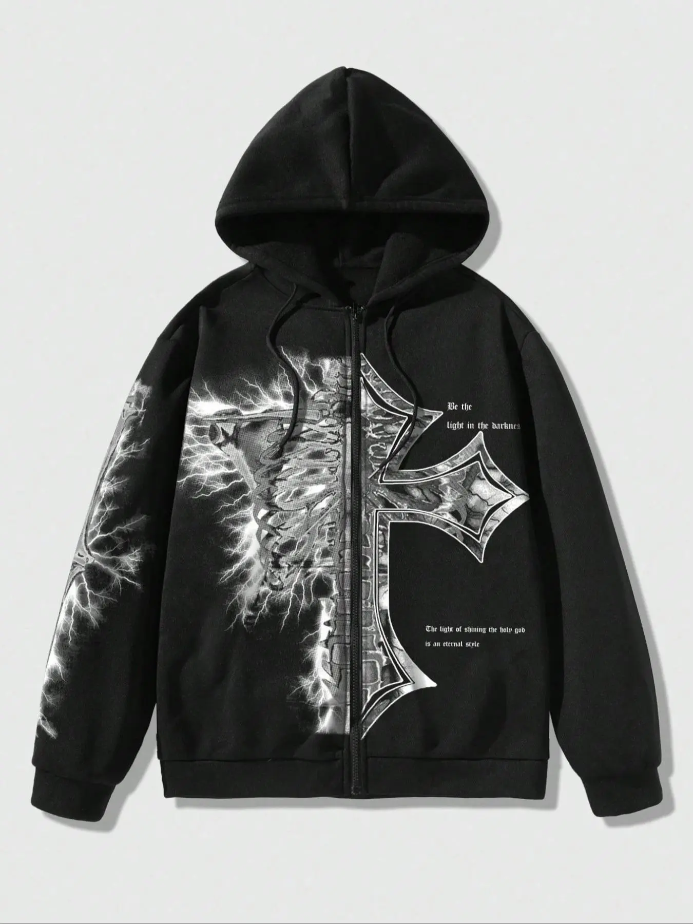 Men's Cross Graphic Print Zip Up Hooded Jacket, Regular Fit Casual Fashion Long Sleeve Drawstring Outerwear for Fall & Winter, Menswear for Daily Wear, Casual Graphic Streetwear