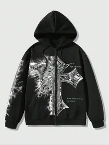 Men's Cross Print Zip Up Hooded Jacket, Regular Fit Casual Long Sleeve Drawstring Outerwear for Fall & Winter, Men's Clothes for Daily Wear