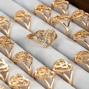 (26 Letter) 1pc Metal Gold Plated Cute 14K Golden Plated Heart Ring