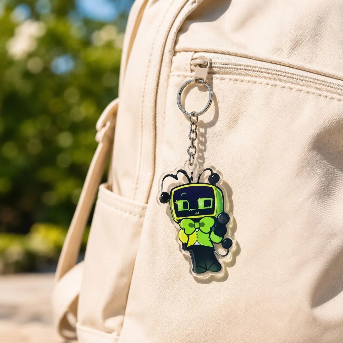 Acrylic Cute TV Robot Bagcharm 3 Inch Green Character Design Keychain & Backpack Pendant Accessory