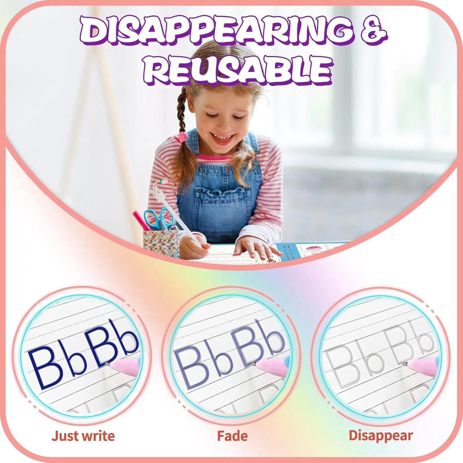 Magic Handwriting Practice Books Set for Kids - 4 Reusable Grooved Letter Tracing Books with Cartoon Pen, Pen Holding Aid & 10 Refills Student Essentials